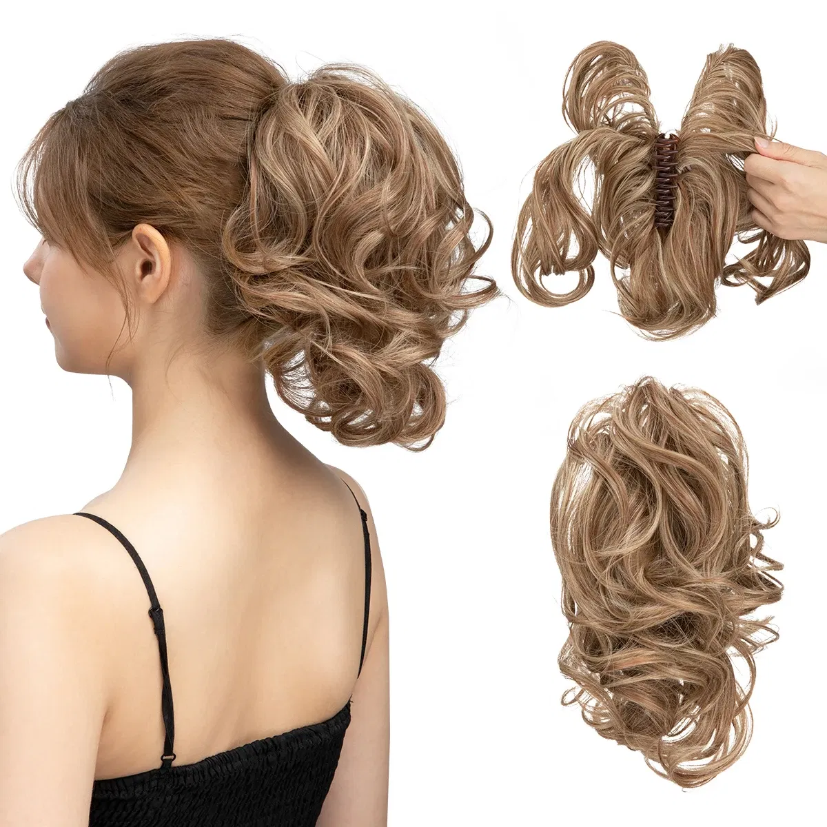 Color: P18/22, Bulk Buy: 1pc - Synthetic Diy Claw Clip In Ponytail Hair Extensions Hairpiece Hair Bun Fake Black Blonde Natural Hair False Pigtail for Women