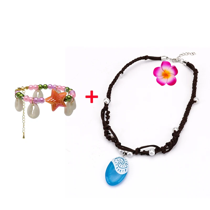 Color: Red - Gilrs New Movie Moana 1&2 Wig and Necklace Flower Clip Dress Up Set Vaiana Costume Accessories Moana Pet Pig and Cock Xmas Gift