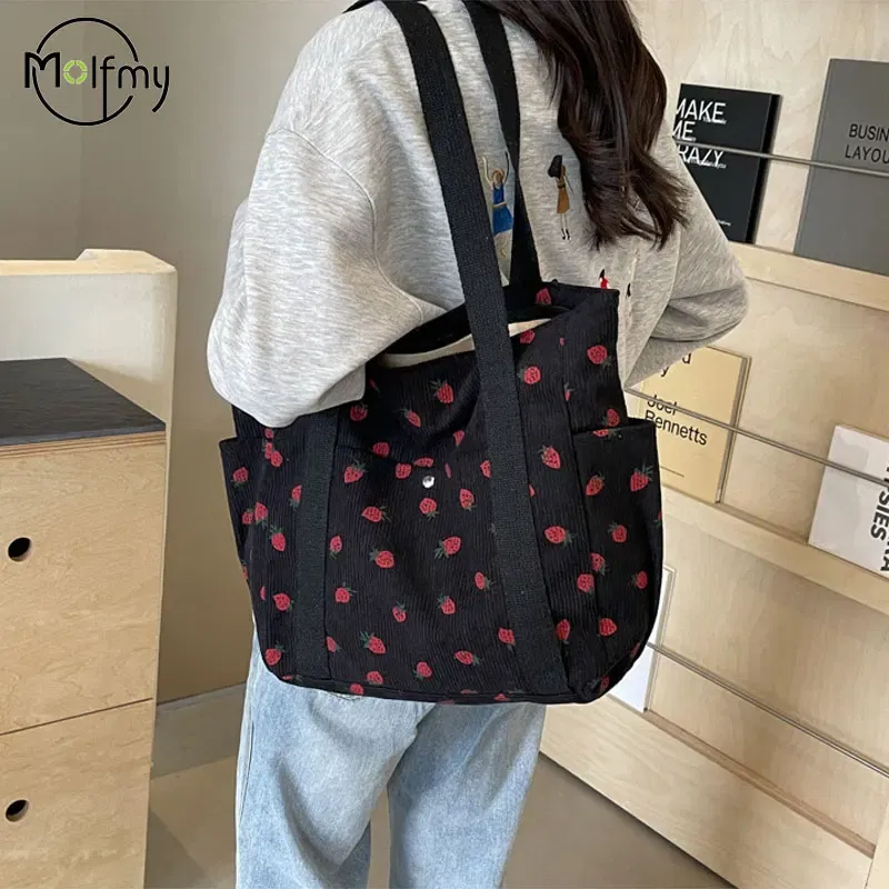 Color: black - Strawberries Corduroy Handbag Sweet Women's Bag Fashionable Versatile Shoulder Bag Beautiful Simple Commuter Women's Tote Bags