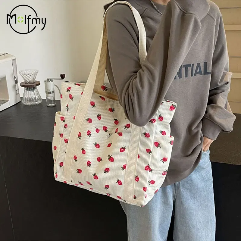 Color: black - Strawberries Corduroy Handbag Sweet Women's Bag Fashionable Versatile Shoulder Bag Beautiful Simple Commuter Women's Tote Bags