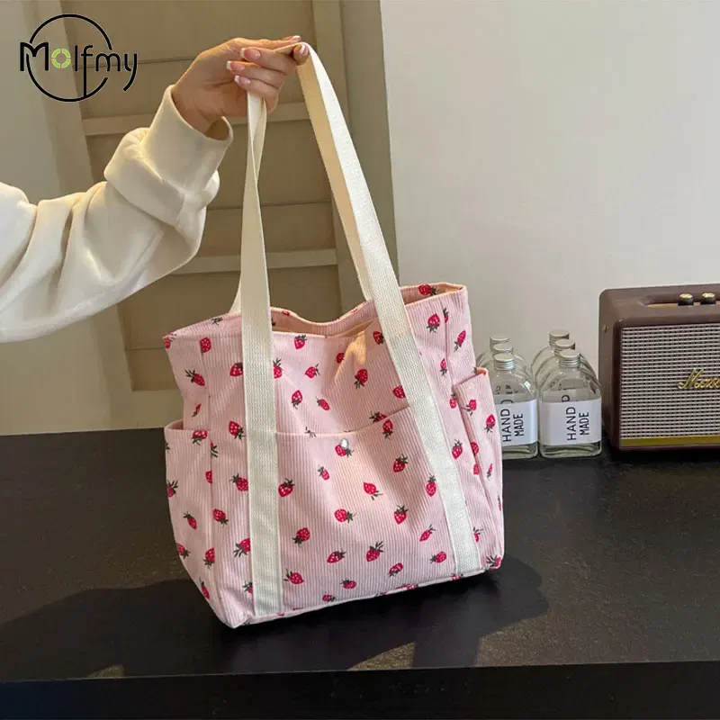 Color: black - Strawberries Corduroy Handbag Sweet Women's Bag Fashionable Versatile Shoulder Bag Beautiful Simple Commuter Women's Tote Bags