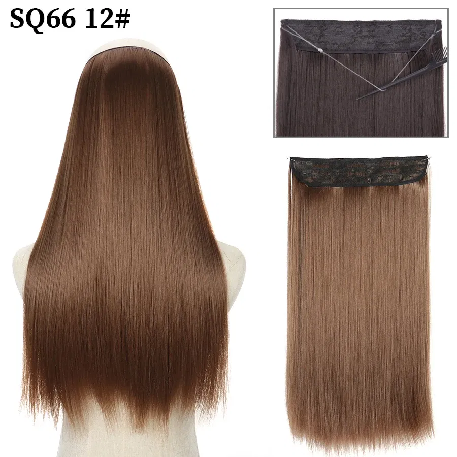 Color: #4, Stretched Length: 16inches, Ships From: CHINA - Synthetic Natural Wavy No Clip Fish Line Invisible Hair Extensions Mixed Color Blonde Black Artificial False Hair Piece ForWomen