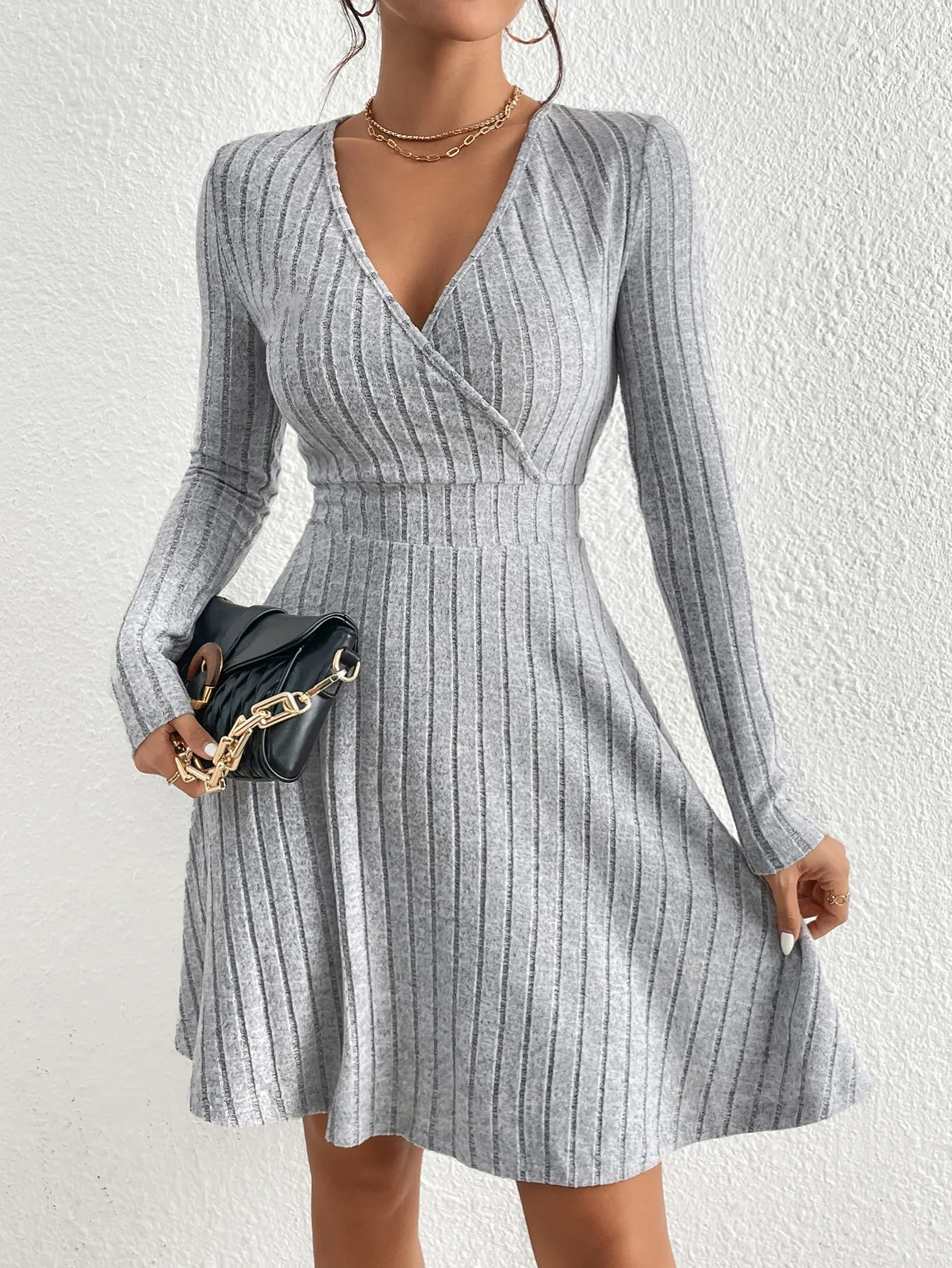 Color: GRAY, Size: XS - New for autumn/Winter 2024 Women Knit Slim Sexy Bodycon Dress V-Neck Long Sleeve Dress Solid Casual Midi Sweater Dress