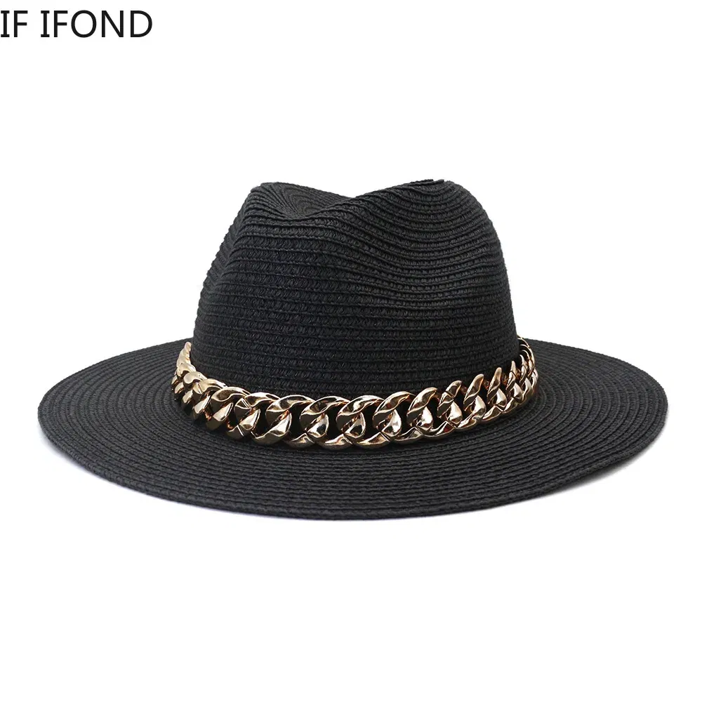 Color: Khaki, Size: L - Fashion Gold Chain Belt Panama Straw Hats For Women Summer Breathable Beach Sun Hats Elegant Ladies Party Jazz Hat