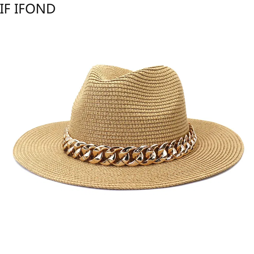 Color: Khaki, Size: L - Fashion Gold Chain Belt Panama Straw Hats For Women Summer Breathable Beach Sun Hats Elegant Ladies Party Jazz Hat