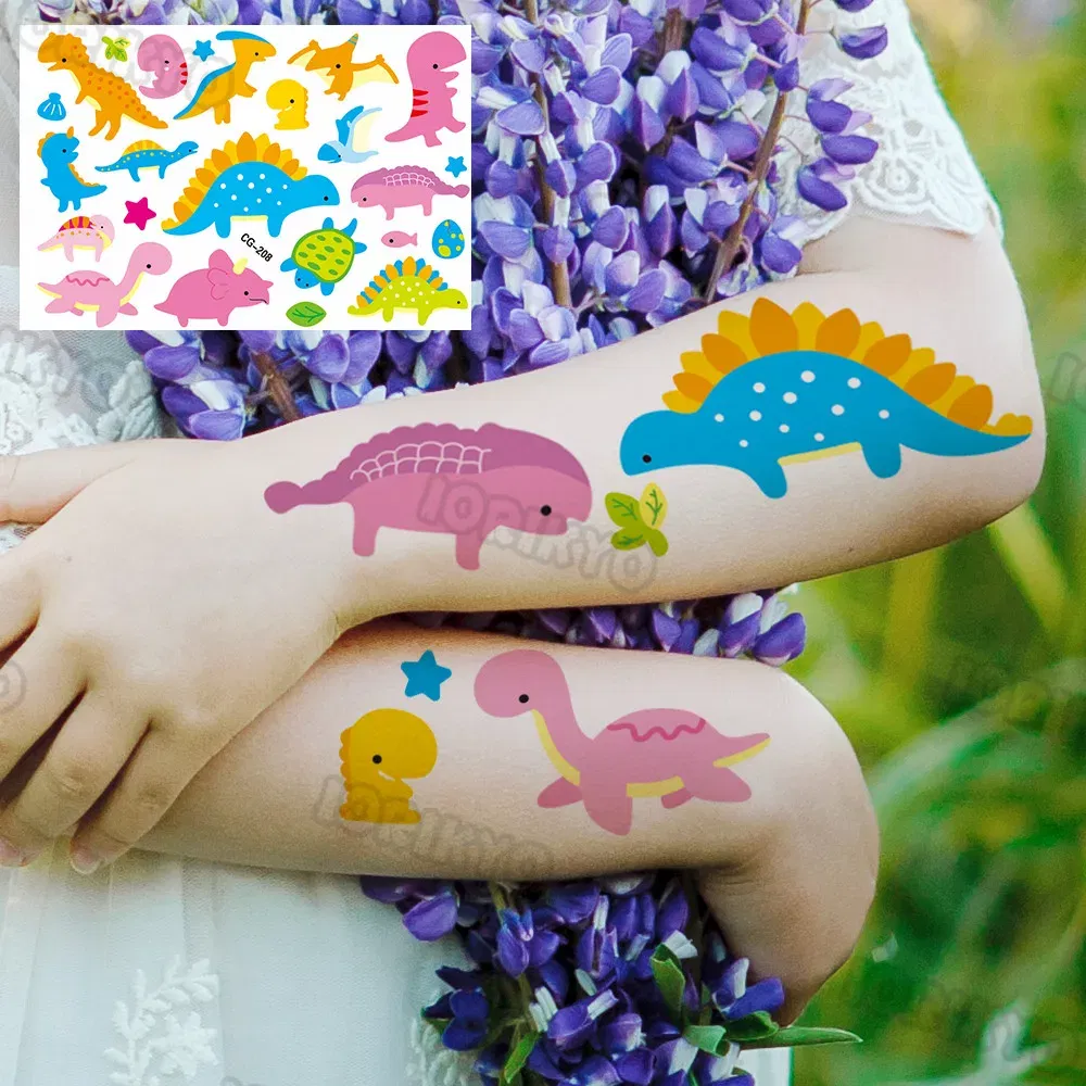 Color: apple green - Colorful Dino Temporary Tattoos For Kids Boys Girl Baby Fake Jurassic Dinosaur Tattoo Sticker Small Cute Tatoos Face Hands