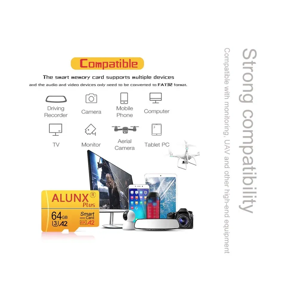 Capacity: 64GB - ALUNX 100% Genuine Micro TF SD Card 256G U3 128GB 64GB 32GB Memory Card Flash Class 10 Support Mobile Phones UAV Etc Card Reader