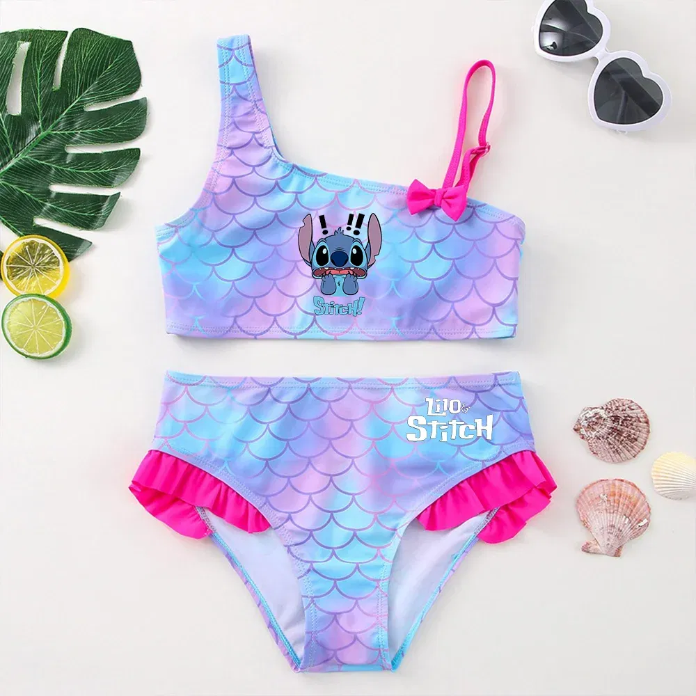 Color: MULTI, Size: S - Lilo Stitch Girls Swimsuit One-Piece Bathing Suits Kids Wear Fashion Mermaid Fish Children's Dresses Summer Swimwear Beach Suit