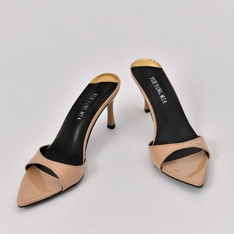 Color: Khaki, Shoe Size: 36 - Pointed Stiletto Heels Women Pumps Patent Leather 2024 Summer Designer Mule Sandals Elegant Sexy Office High Heels Women Shoes