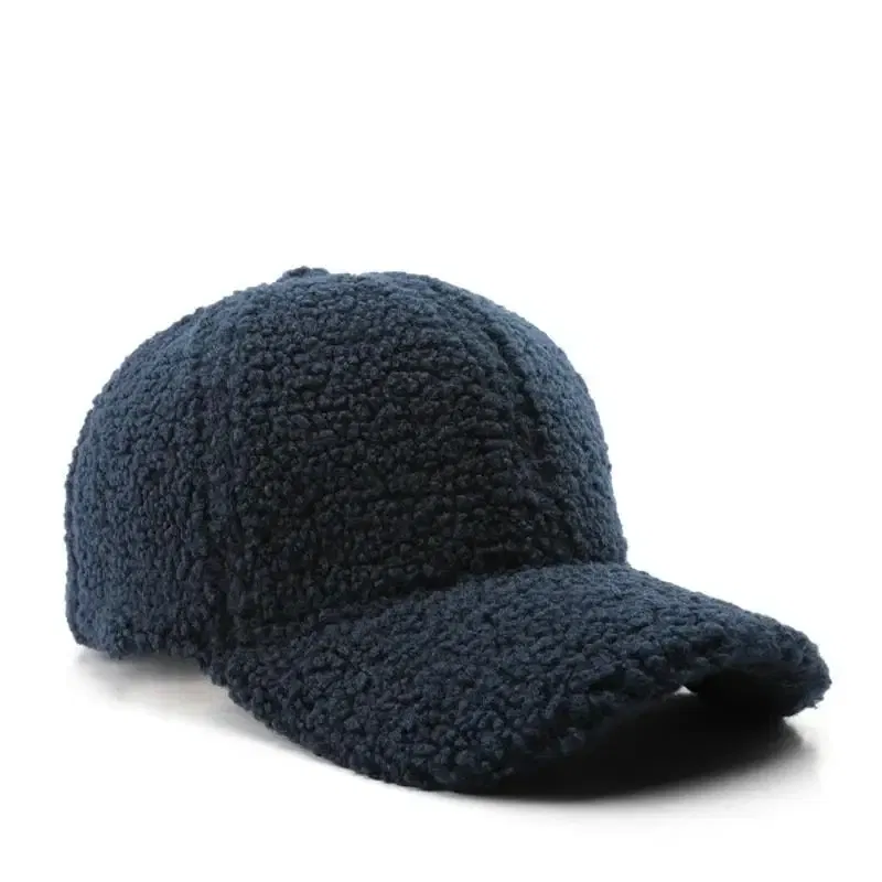 Color: Navy Blue, Size: M - Autumn Winter Baseball Cap Women Artificial Lamb Wool Hats Keep Warm Cap Plush Baseball Caps Spring Baseball Cap Solid Sunshade