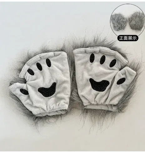 Color: army green, Gloves Size: One Size - Wolf Paw Gloves Faux Fur Cat Fingerless Mittens Winter Warm Cosplay Halloween Fancy Party Costume Accessories