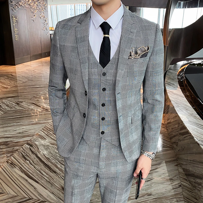 Color: Beige, Size: XXL - Gray Men Classic Striped/Checked Suits, Business Office 3 Piece, Asian Size Slim Fit Men Dress Jacket & Pants with Vest, S-4XL
