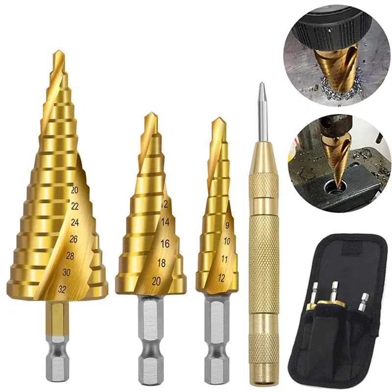Color: Orange - 3pcs Spiral Grooved Drill Bits 3-12 4-12 4-20 Drilling Power Tool Metal Stainless Steel Wood Hole Cutter Cone Fast Drill Bit Set