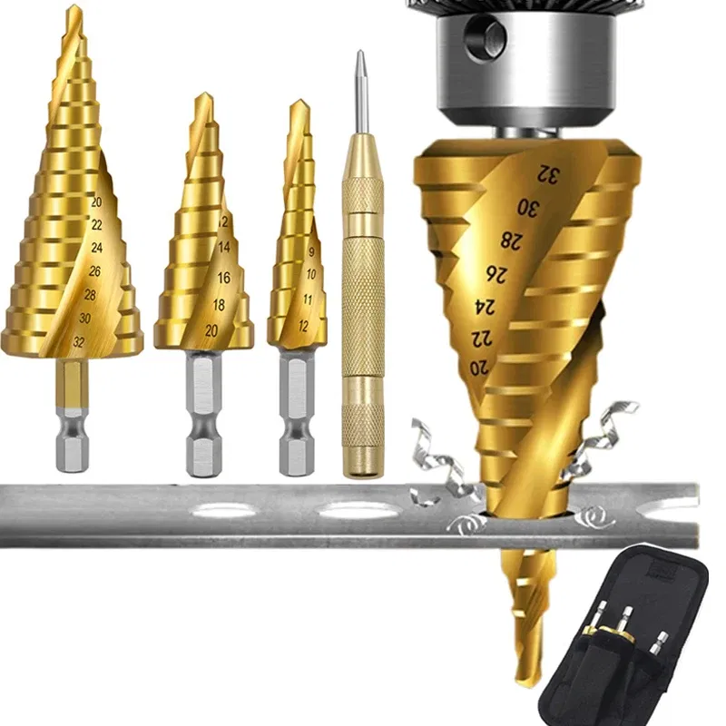 Color: Orange - 3pcs Spiral Grooved Drill Bits 3-12 4-12 4-20 Drilling Power Tool Metal Stainless Steel Wood Hole Cutter Cone Fast Drill Bit Set