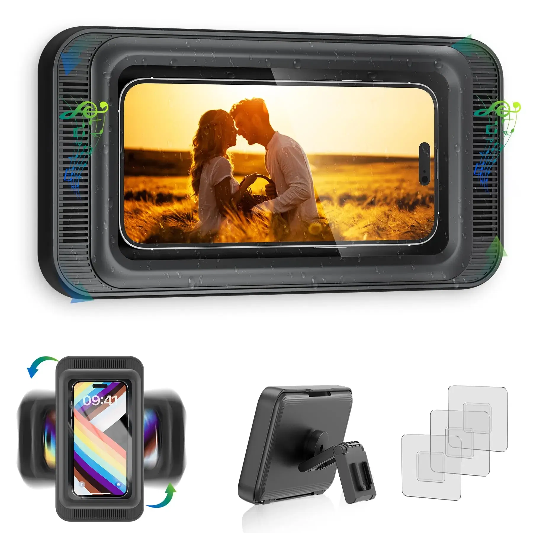 Color: black - Shower Phone Holder with Speaker 480 Rotation, Wall Phone Mount for Shower Waterproof Anti Fog Shower Case for 4-7" Phones