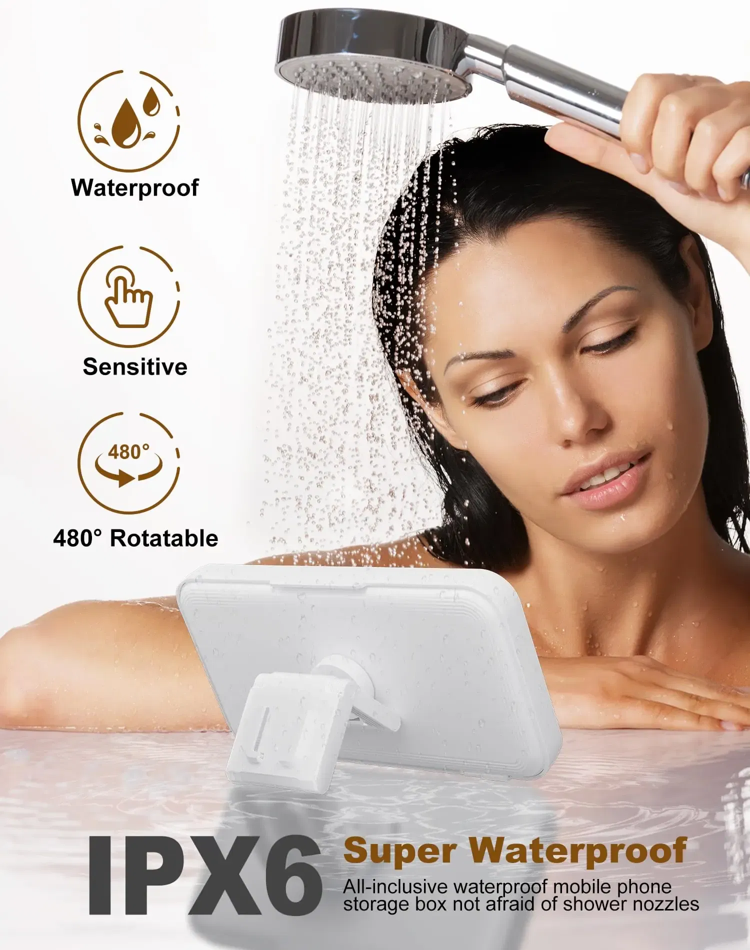 Color: black - Shower Phone Holder with Speaker 480 Rotation, Wall Phone Mount for Shower Waterproof Anti Fog Shower Case for 4-7" Phones