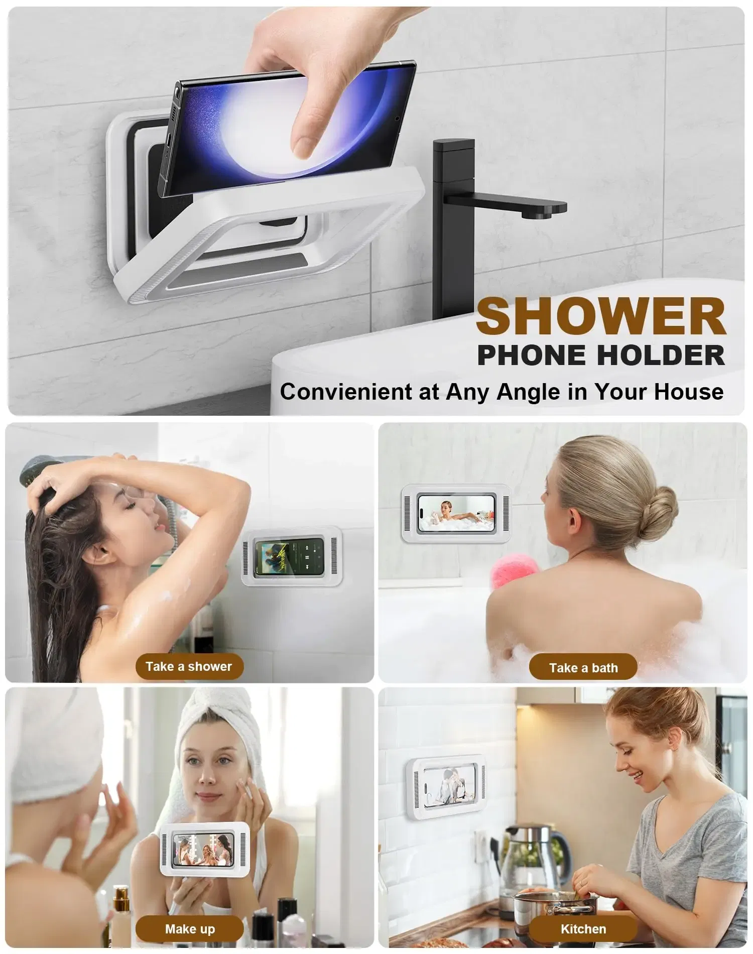 Color: black - Shower Phone Holder with Speaker  480 Rotation, Wall Phone Mount for Shower Waterproof Anti Fog Shower Case for 4-7" Phones