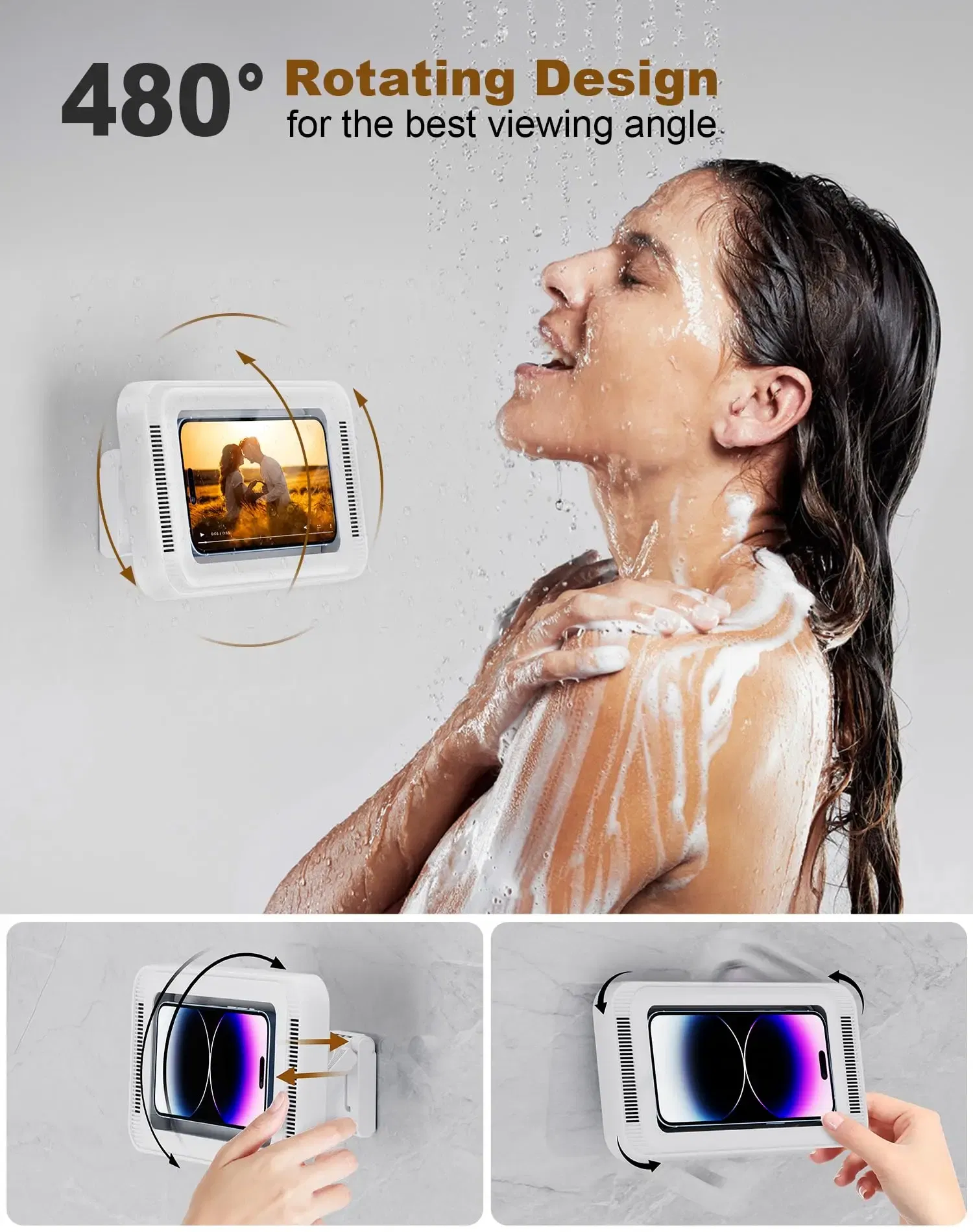 Color: black - Shower Phone Holder with Speaker 480 Rotation, Wall Phone Mount for Shower Waterproof Anti Fog Shower Case for 4-7" Phones