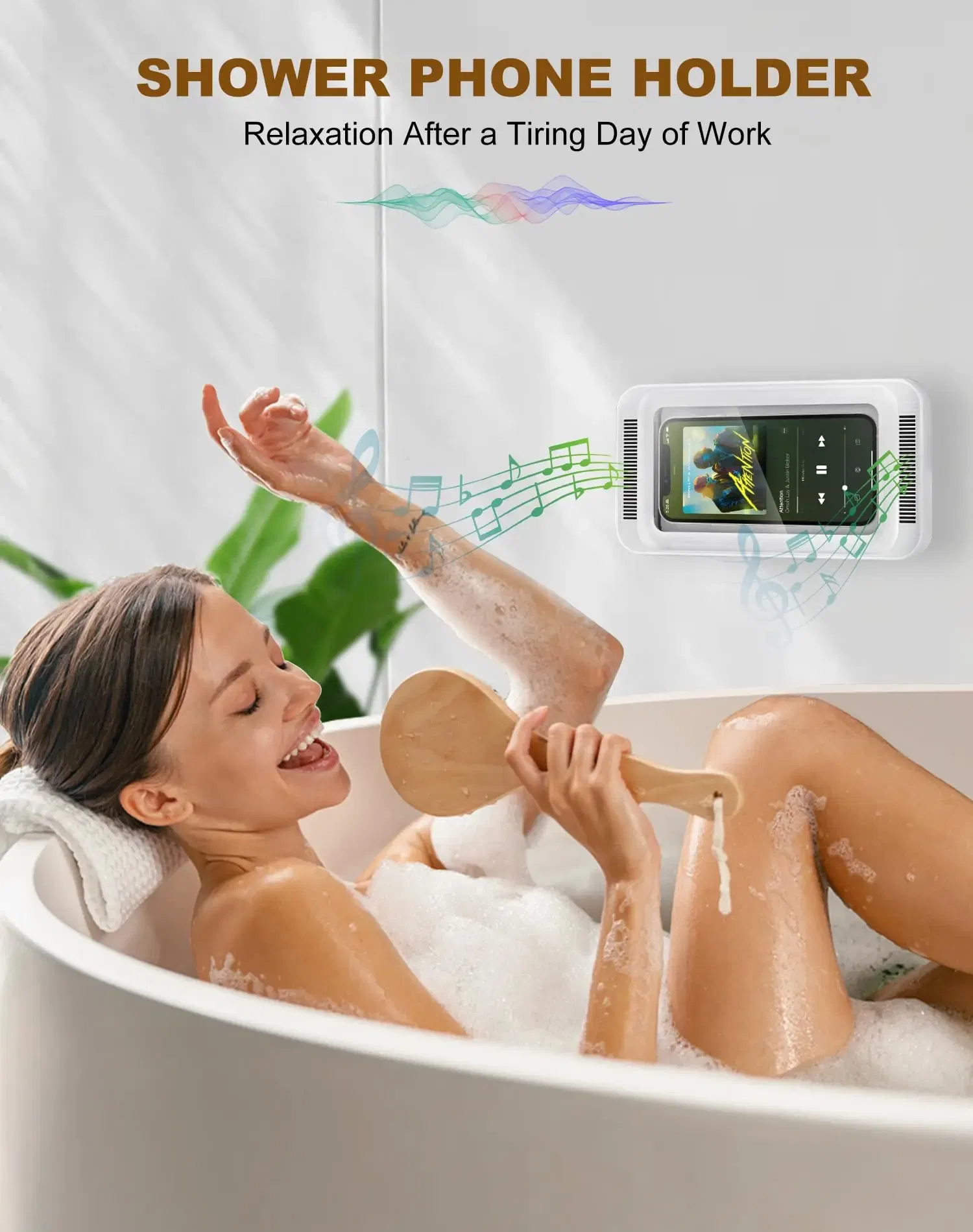 Color: black - Shower Phone Holder with Speaker 480 Rotation, Wall Phone Mount for Shower Waterproof Anti Fog Shower Case for 4-7" Phones