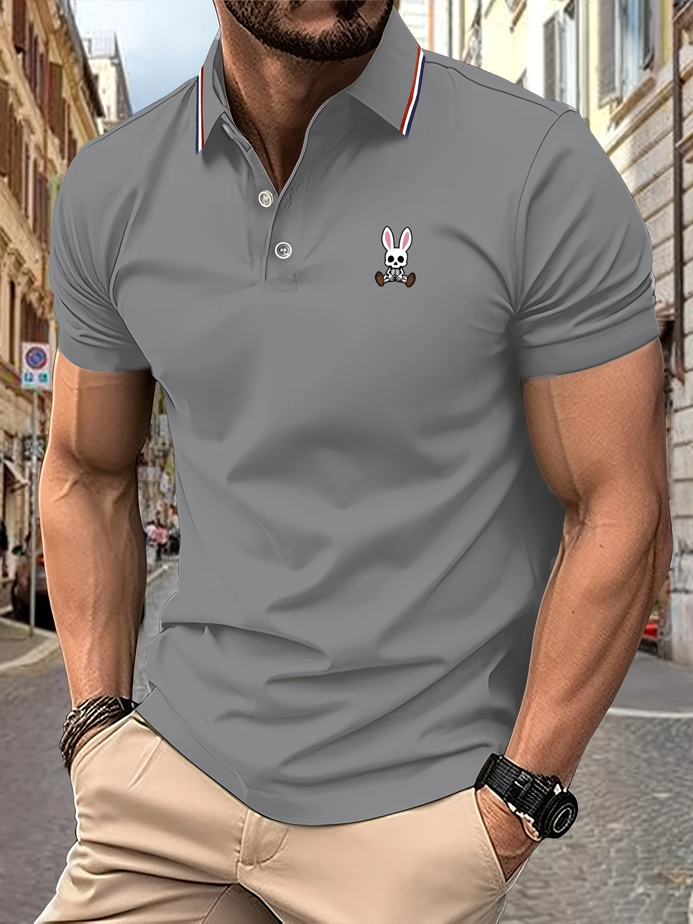 Color: GRAY, Size: S - Mens Polo Shirts Skulls Rabbit Print 2025 New Summer Lapel Stripes Men Short Sleeve Casual Breathable Light Luxury T-Shirt
