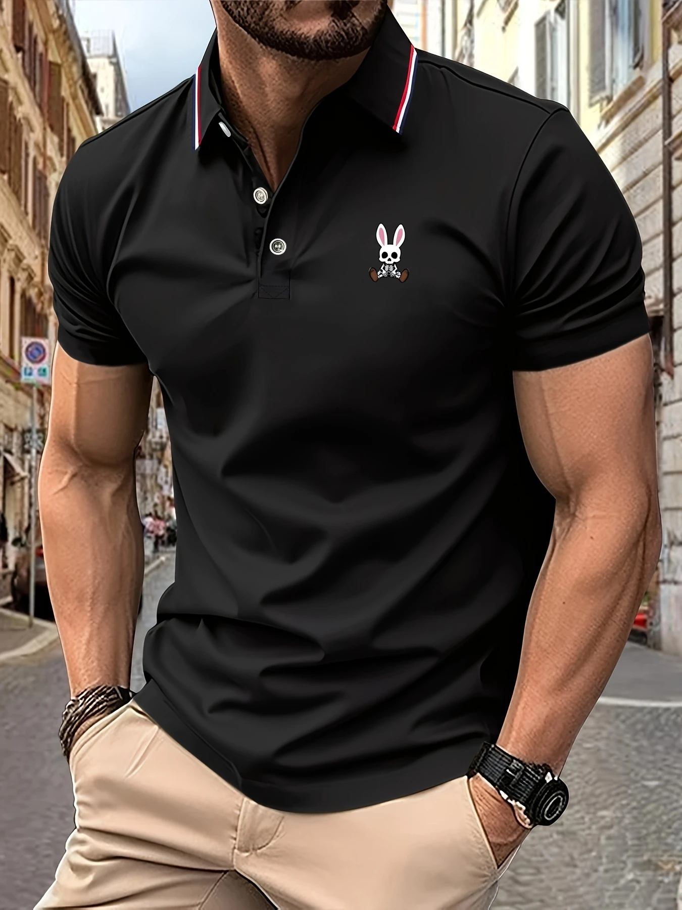 Color: GRAY, Size: S - Mens Polo Shirts Skulls Rabbit Print 2025 New Summer Lapel Stripes Men Short Sleeve Casual Breathable Light Luxury T-Shirt