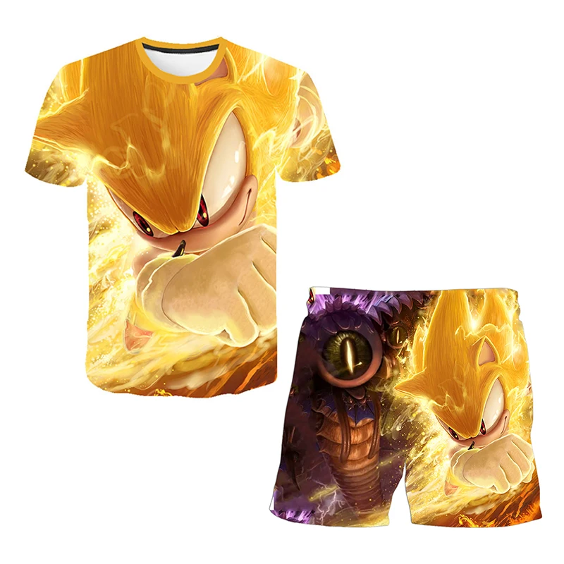 Color: light yellow, Size: 12cm - New Japanese cartoon Sonic T-shirt children's top T-shirt shorts two-piece set summer boy cartoon cute T-shirt+beach pants