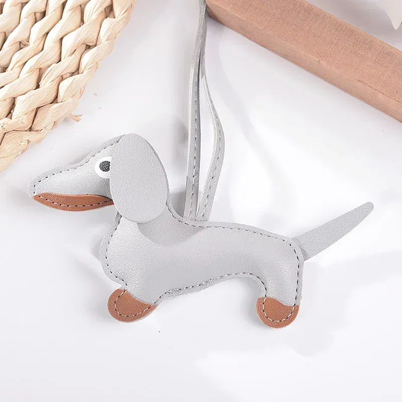 Color: GRAY - Classic Cute Puppy Dog Bag Pendant Key chain Fashion PU Leather Dachshund key Ring Accessories