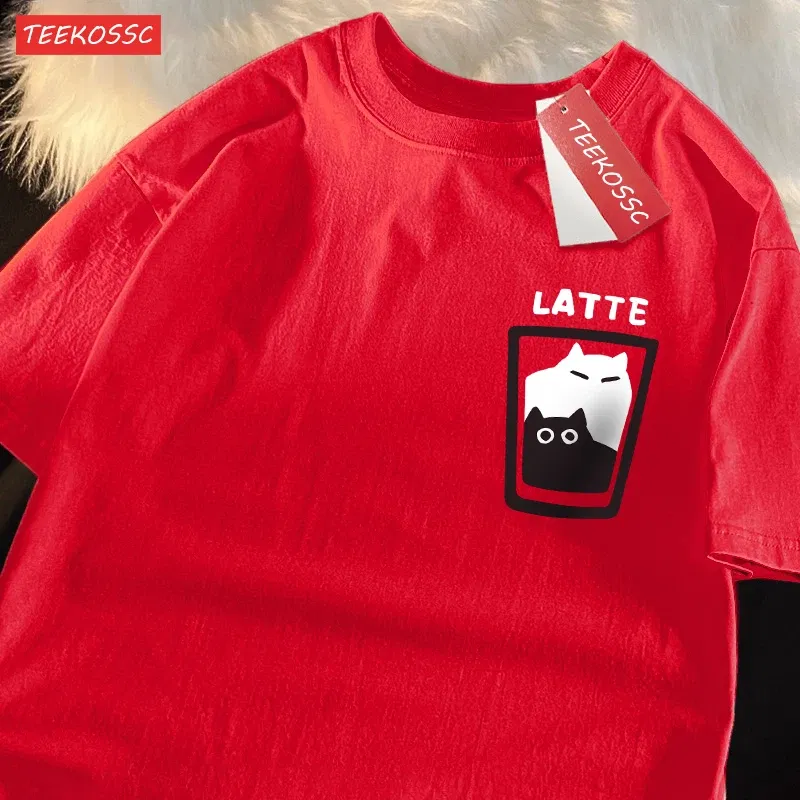 Color: PURPLE, Size: L - Mocha Latte Couple Outfit Cat Coffee Couple Male T-Shirts Graphic Cool Tee Shirt High-Quality Oversized Tshirt Comfort Soft