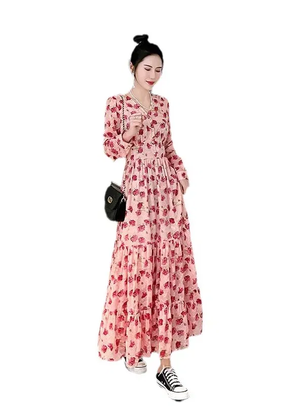 Color: black, Size: M - Chiffon floral dress 2024 spring/summer new high waisted slimming knee length skirt light luxury French style large skirt 3FWF
