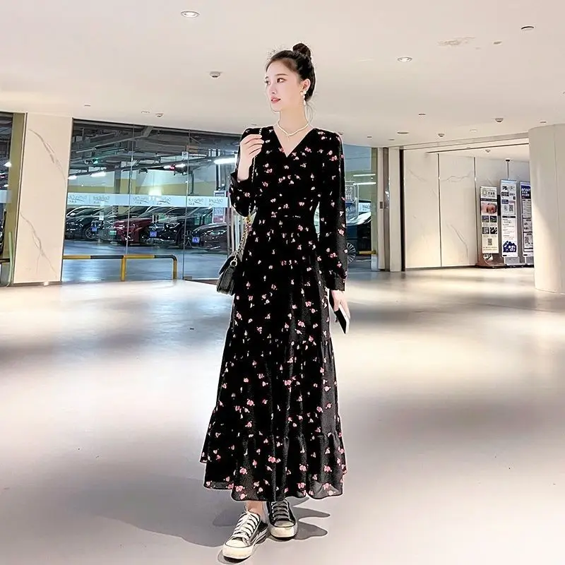 Color: black, Size: M - Chiffon floral dress 2024 spring/summer new high waisted slimming knee length skirt light luxury French style large skirt 3FWF