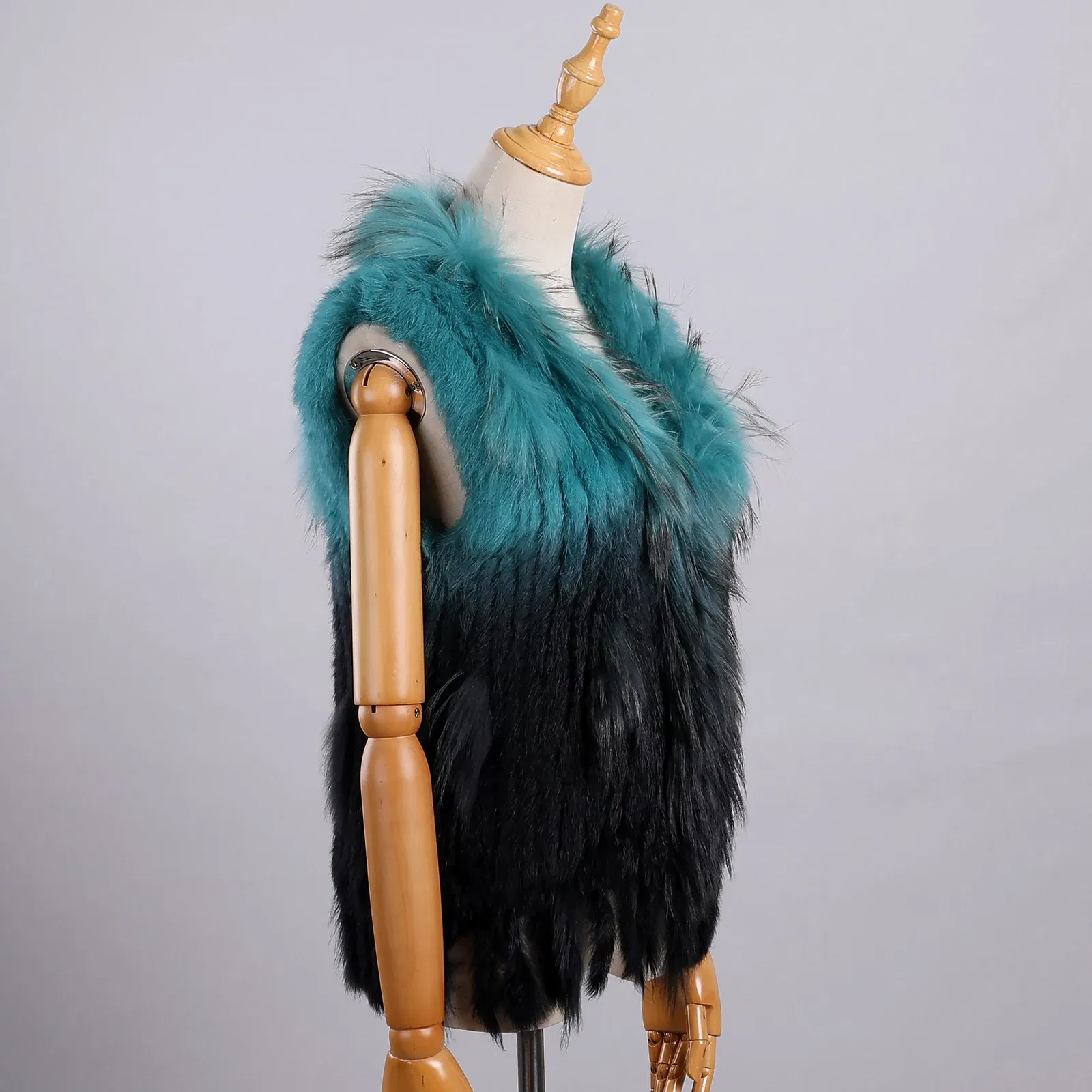 Color: Mint, Size: L - Luxury Women's Genuine Premium Long Hair Rabbit Fur Knit Vest Raccoon Fur Trim Gilet Lady Sleeveless Waistcoat Real Fur Jacket