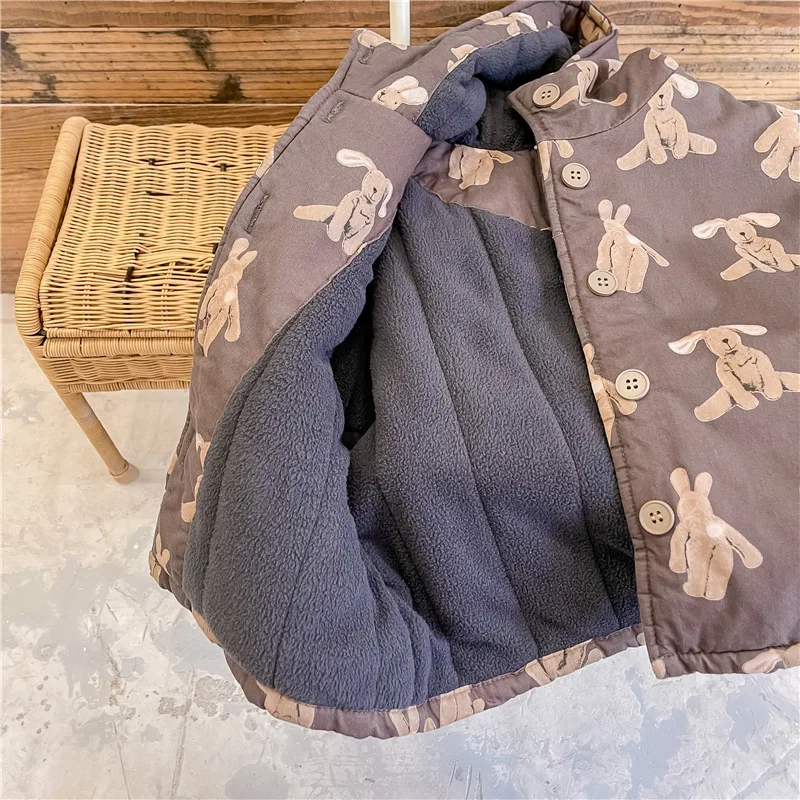 Color: Beige, Kid Size: 5T - Girls Coat 2025 Autumn and Winter New Children's Clothing Korean Wind Girl Baby Cotton Printed Down Jacket Casual Simple Daily