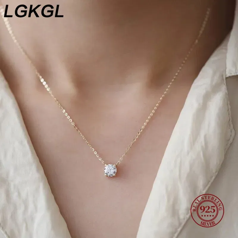 Gem Color: WHITE, Length: 45cm - LGKGL 925 Sterling Silver 18k Gold Plated Necklaces Versatile Single Sparkling 6mm Zircon Clavicle Chain Female Wedding collars