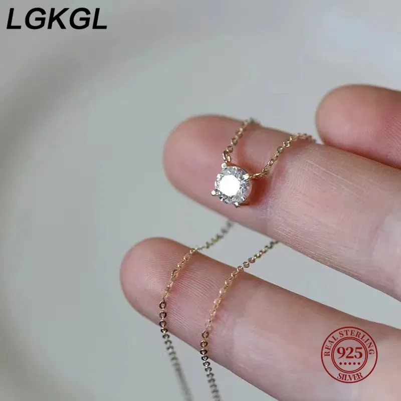 Gem Color: WHITE, Length: 45cm - LGKGL 925 Sterling Silver 18k Gold Plated Necklaces Versatile Single Sparkling 6mm Zircon Clavicle Chain Female Wedding collars