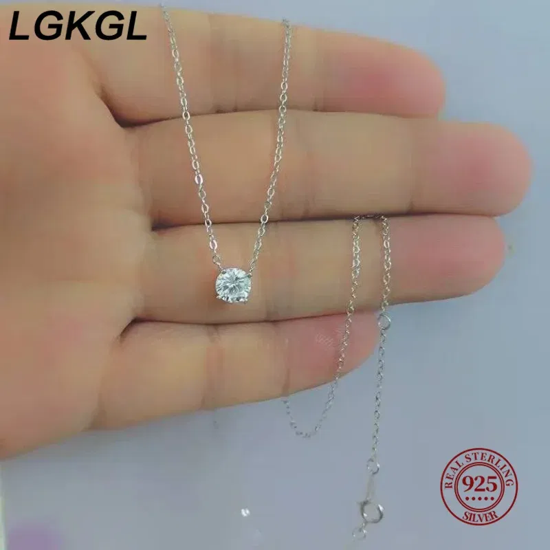 Gem Color: WHITE, Length: 45cm - LGKGL 925 Sterling Silver 18k Gold Plated Necklaces Versatile Single Sparkling 6mm Zircon Clavicle Chain Female Wedding collars