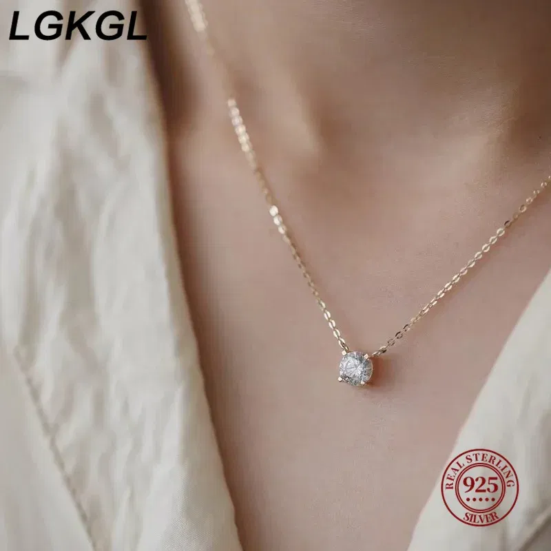Gem Color: WHITE, Length: 45cm - LGKGL 925 Sterling Silver 18k Gold Plated Necklaces Versatile Single Sparkling 6mm Zircon Clavicle Chain Female Wedding collars