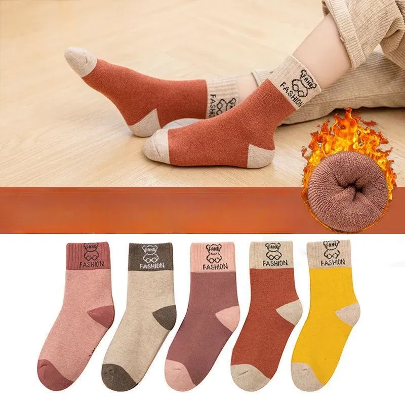 Color: black, Size: 17 - 5 Pairs /bag Winter Children Socks Warm Autumn And Winter Plush Thicken Toddler Boys Girls Cotton Middle Tube Sock For 2-14 Year