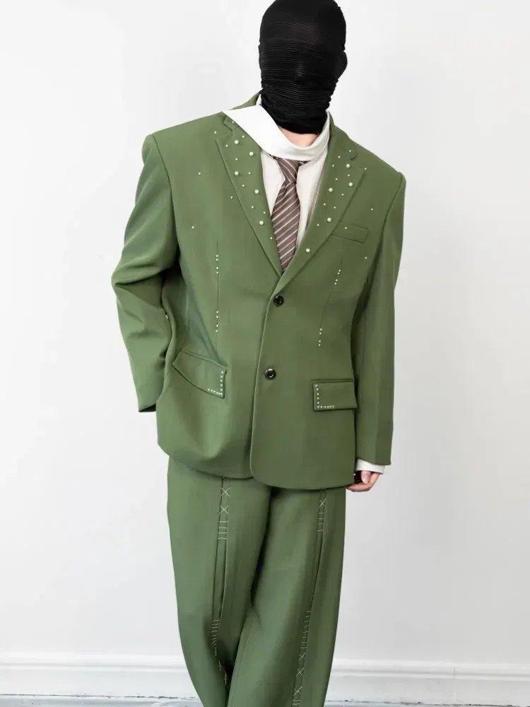 Color: green, Size: XL - 2025 Hot Sale Mens Beads Design Spring Suits Casual Two Piece Set Loose Fit Fashion Match Set Outfit Hand Stitch Wide Leg Pants