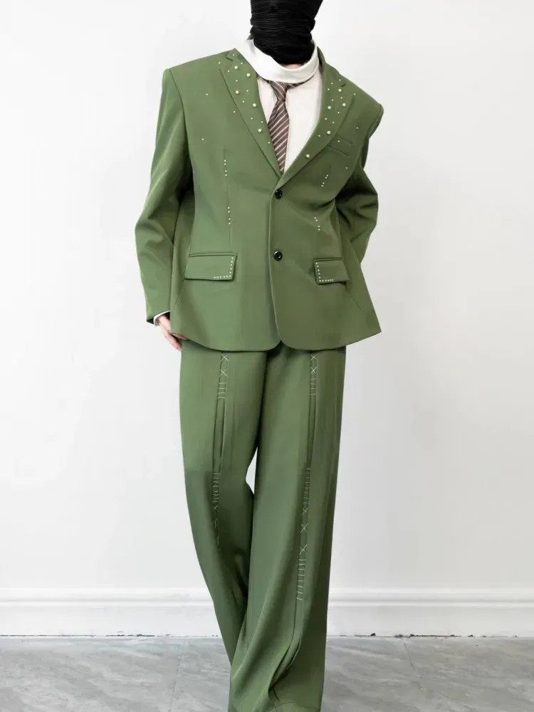 Color: green, Size: XL - 2025 Hot Sale Mens Beads Design Spring Suits Casual Two Piece Set Loose Fit Fashion Match Set Outfit Hand Stitch Wide Leg Pants