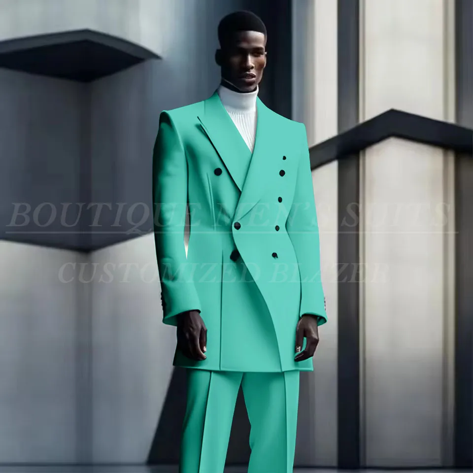 Fashion Design Suits For Men Double Breasted Long Coat Pants 2 Pcs Groom Wedding Tuxedos Blazer Party Prom Male Costume Homme