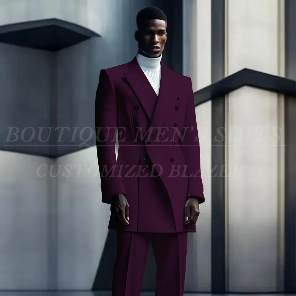 Fashion Design Suits For Men Double Breasted Long Coat Pants 2 Pcs Groom Wedding Tuxedos Blazer Party Prom Male Costume Homme