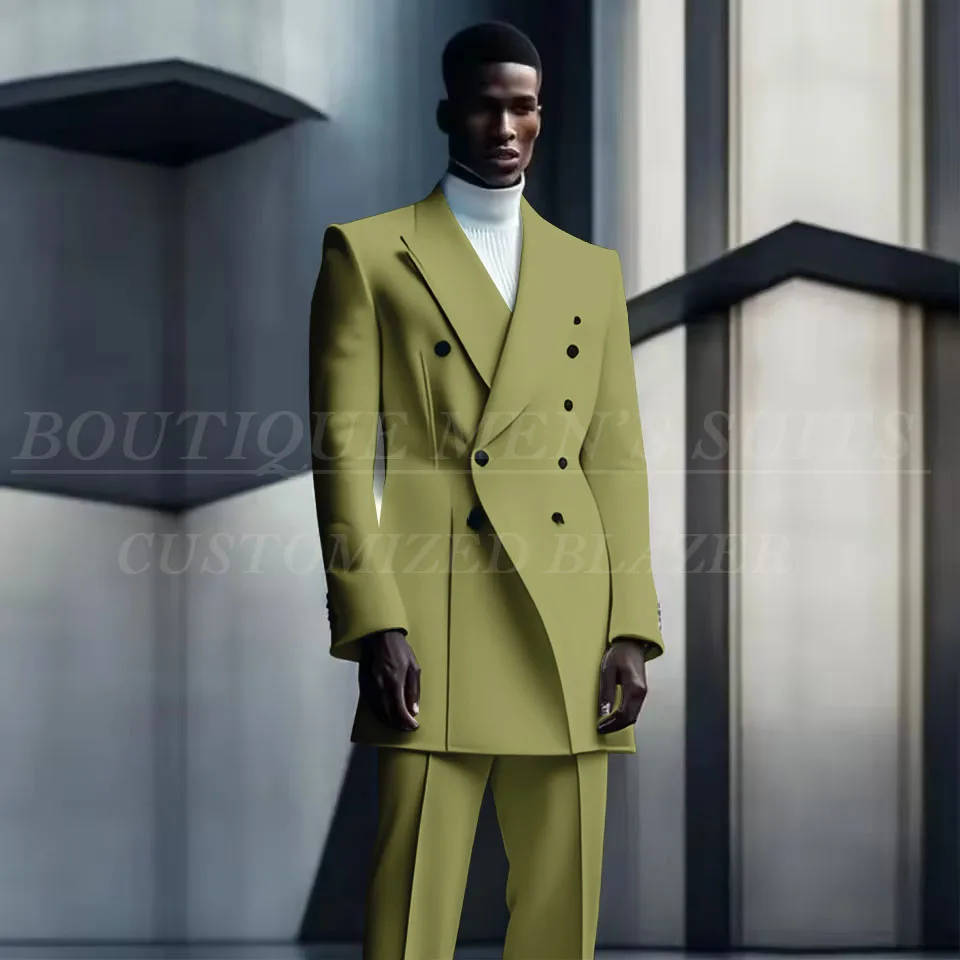 Fashion Design Suits For Men Double Breasted Long Coat Pants 2 Pcs Groom Wedding Tuxedos Blazer Party Prom Male Costume Homme