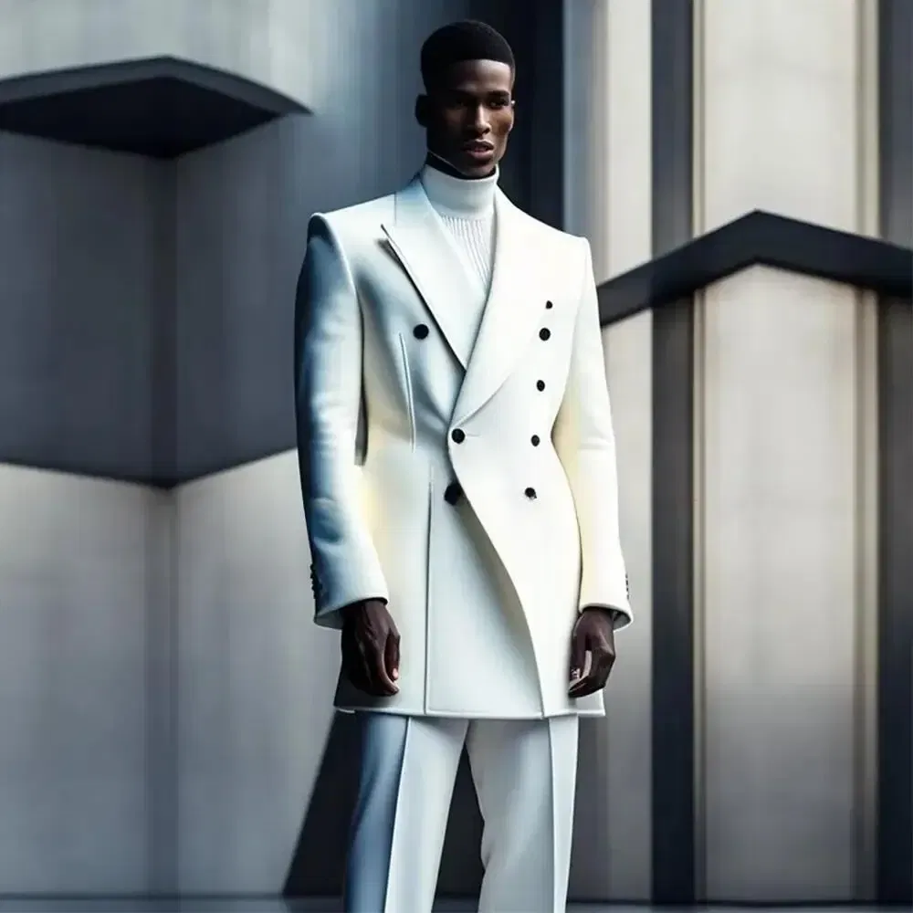 Fashion Design Suits For Men Double Breasted Long Coat Pants 2 Pcs Groom Wedding Tuxedos Blazer Party Prom Male Costume Homme