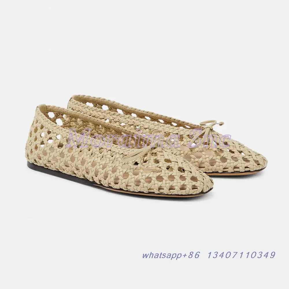 Color: Beige, Shoe Size: 38 - Hollow Woven Leather Ballet Shoes Flat With Round Toe Ankle Buckle Strap Fashion Shallow Women Shoes Mary Janes Summer New 2025