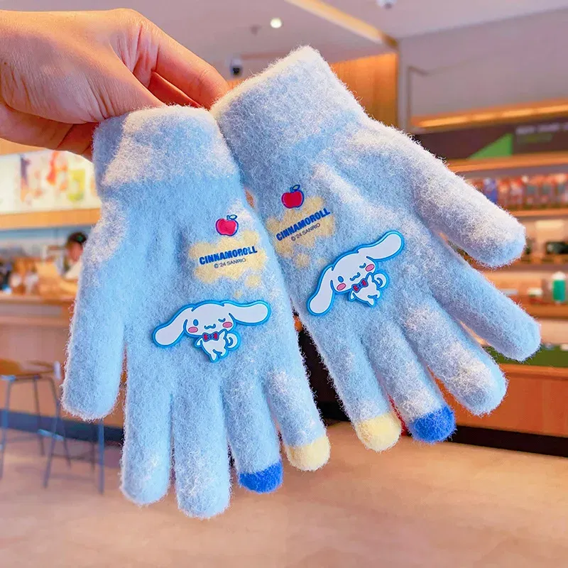 Color: Fuchsia - Sanrio Gloves Kawaii My Melody Kuromi Cold-Proof Winter Finger Gloves Plush Screen Touch Warm Children Toddler Christmas Gifts