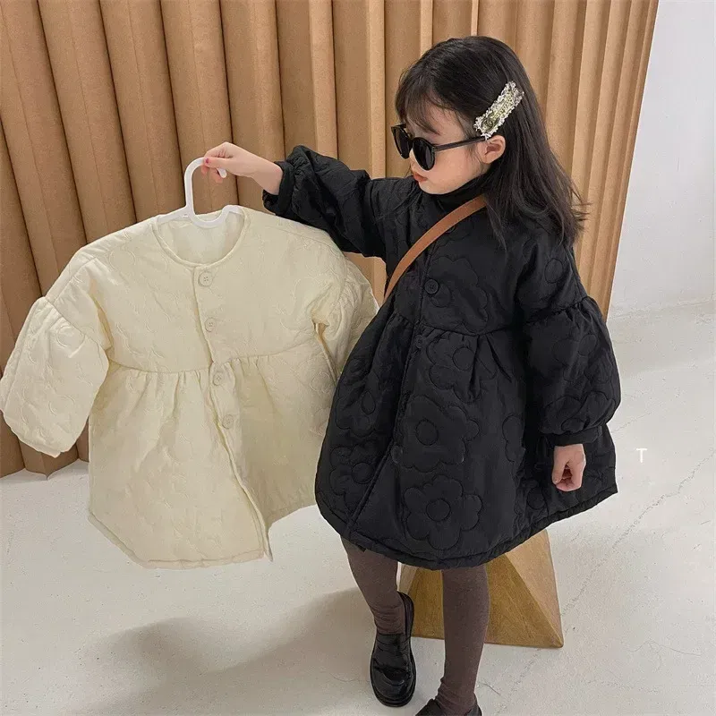Color: black, Kid Size: 4T - Children's Coats Autumn and Winter Coat with Floral Embroidery Puffed Sleeves Girls Coat Baby Girl Winter Clothes