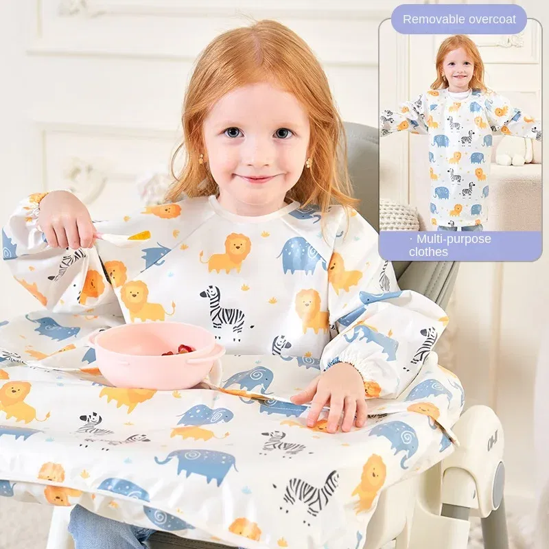 Color: Dark Grey, Size: One Size - Clean Feeding Bib for Baby Boys Girl 8M-5Y Waterproof Bib Apron Smock with Table Cover Infant Mess-Free Kids Full Coverage Bib