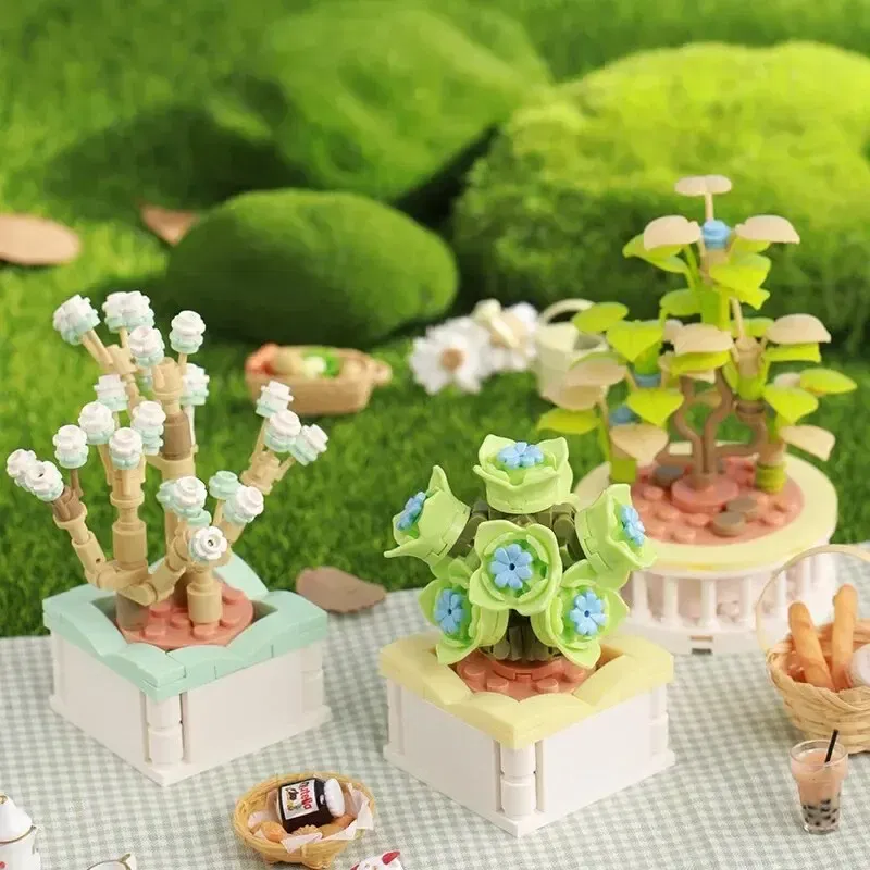 Ships From: CHINA, Color: Blue - Zhegao Cute Succulent Plant Building Blocks Potted Plant Assembly Toy Small Particle Desktop Ornament For Girls