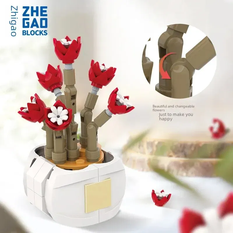 Ships From: CHINA, Color: Blue - Zhegao Cute Succulent Plant Building Blocks Potted Plant Assembly Toy Small Particle Desktop Ornament For Girls