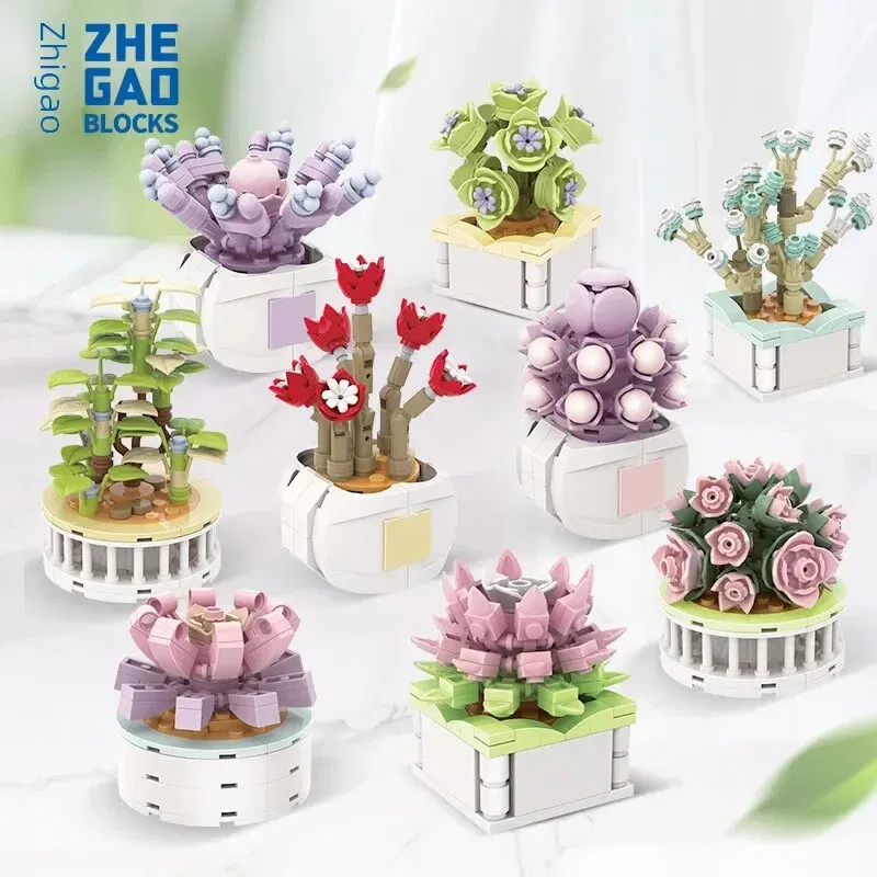 Ships From: CHINA, Color: Blue - Zhegao Cute Succulent Plant Building Blocks Potted Plant Assembly Toy Small Particle Desktop Ornament For Girls